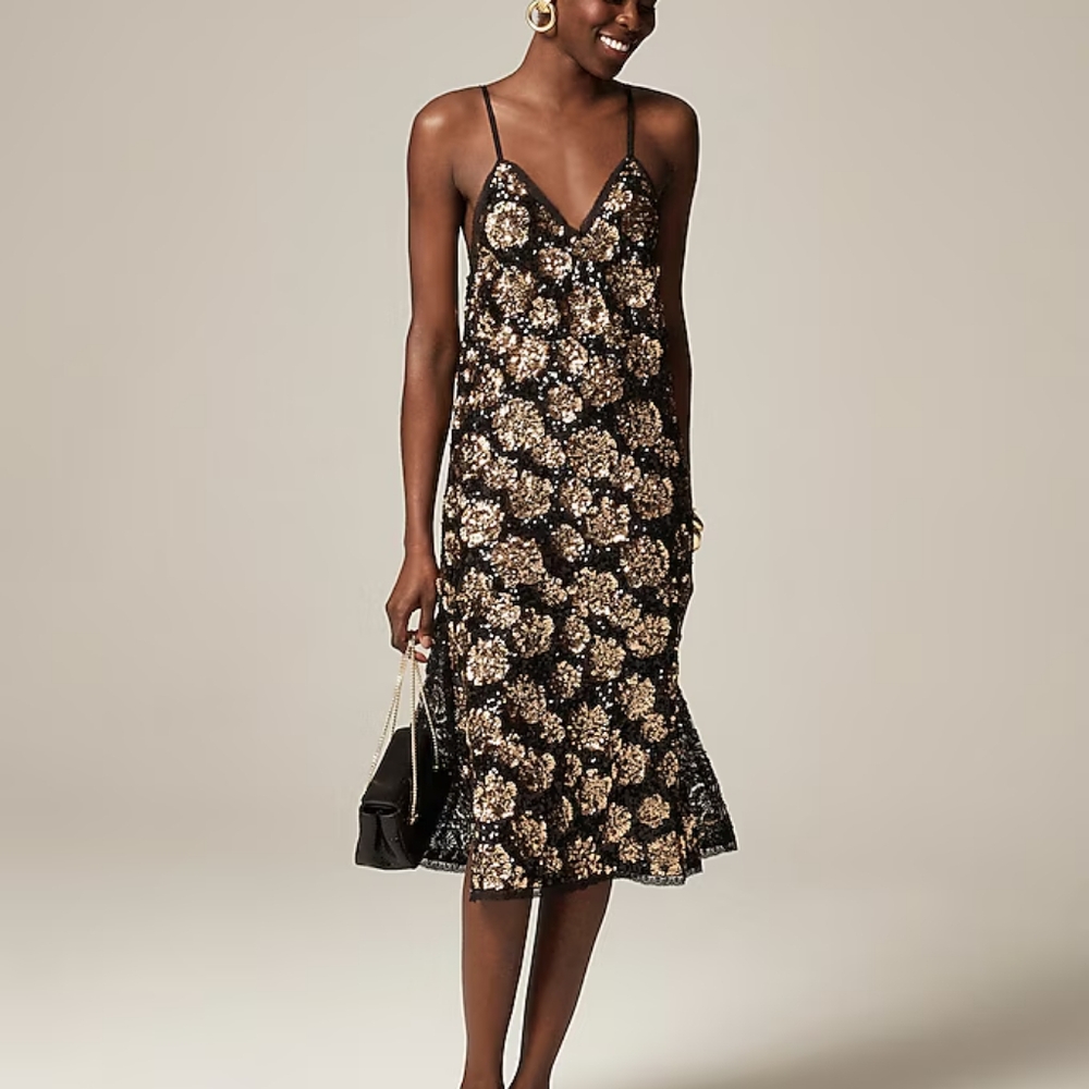 J Crew Women's Summer Collection Sequin Slip Dress Size 4 Black And Gold